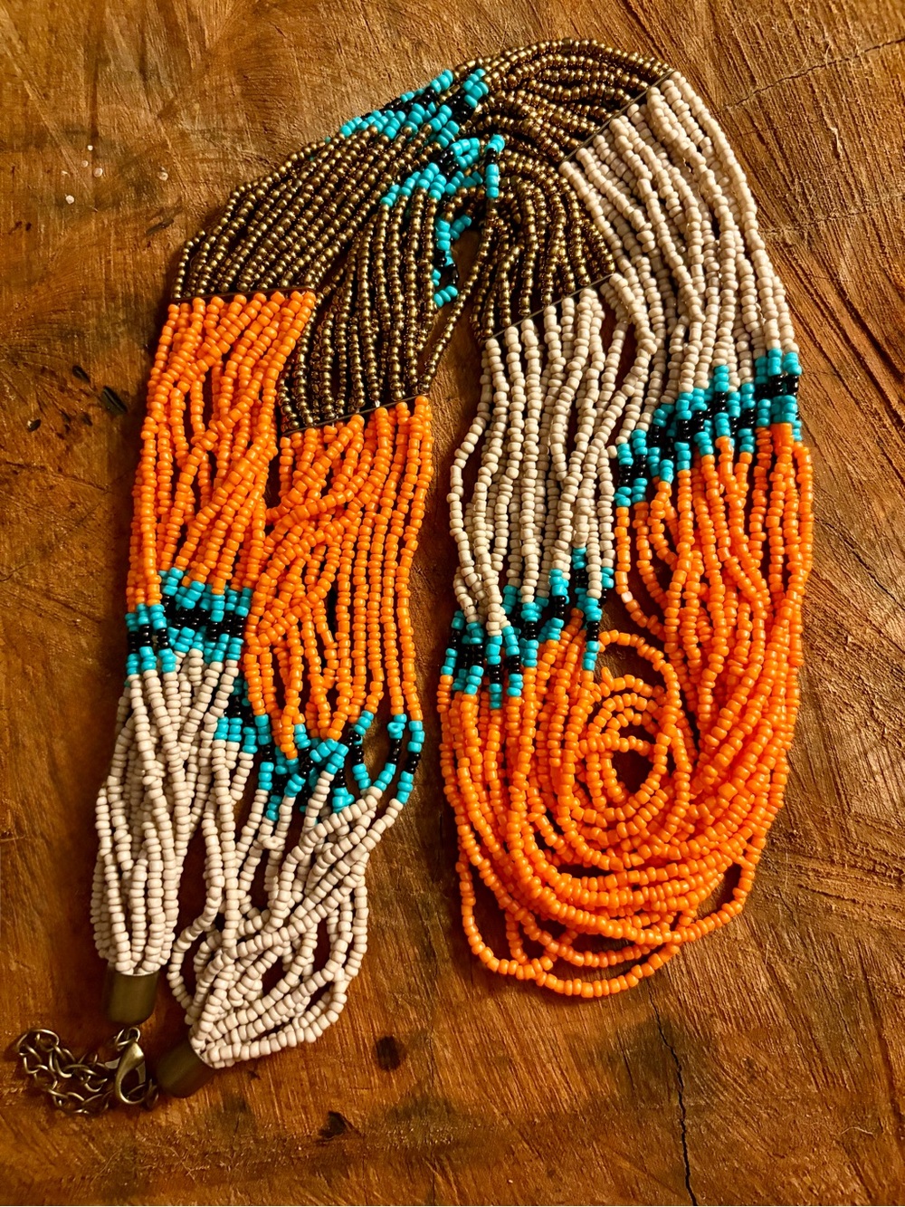 Handcrafted Orange, Cream & Turquoise Seed Bead Multi-Strand Necklace